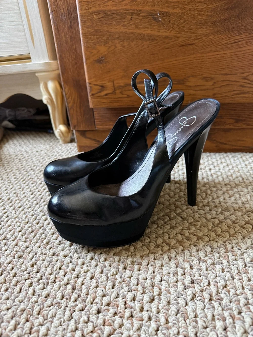 Jessica Simpson Black Patent Platform Slingback Heels